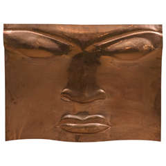 Midcentury Embossed Copper Plate Wall Sculpture with Serene Face