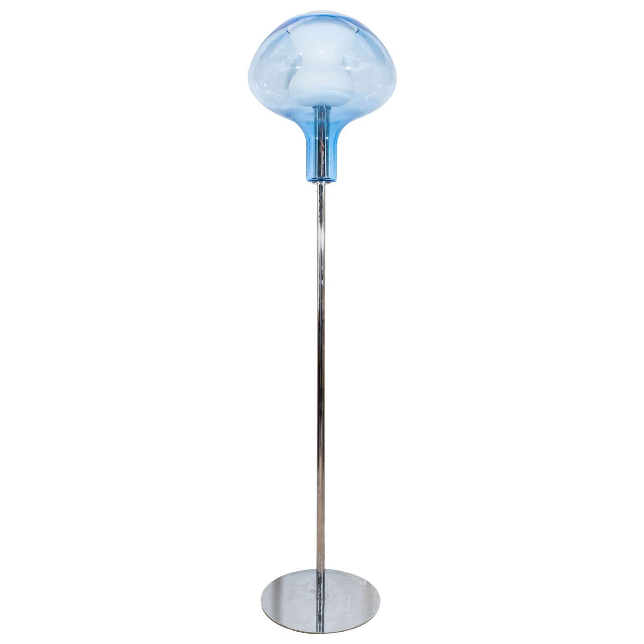 A Midcentury Floor Lamp with Dual Murano Glass Shade in Blue and White Lattimo