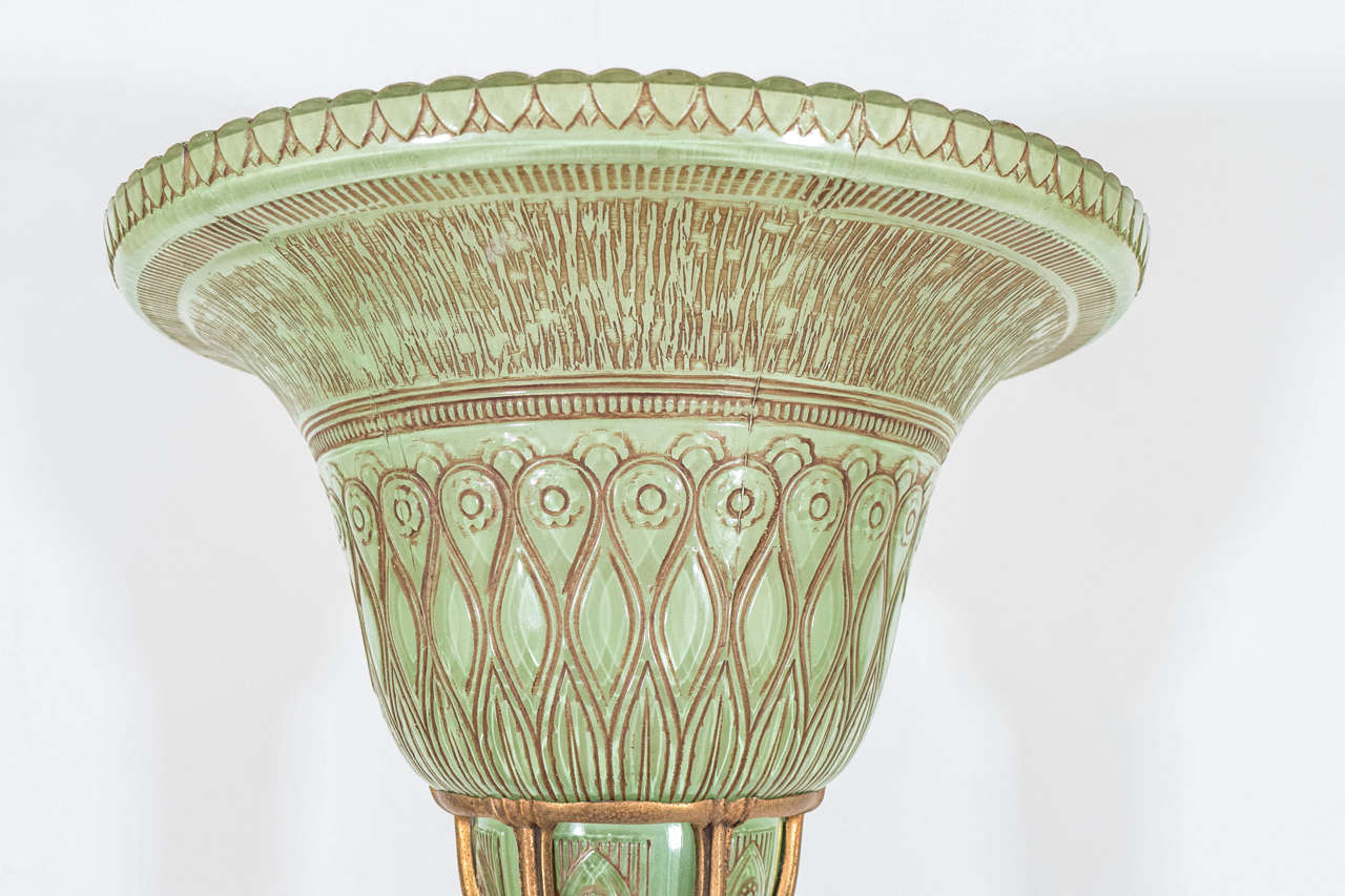 Early 20th Century Art Nouveau Brass Torchiere with Green Glass Shade 2
