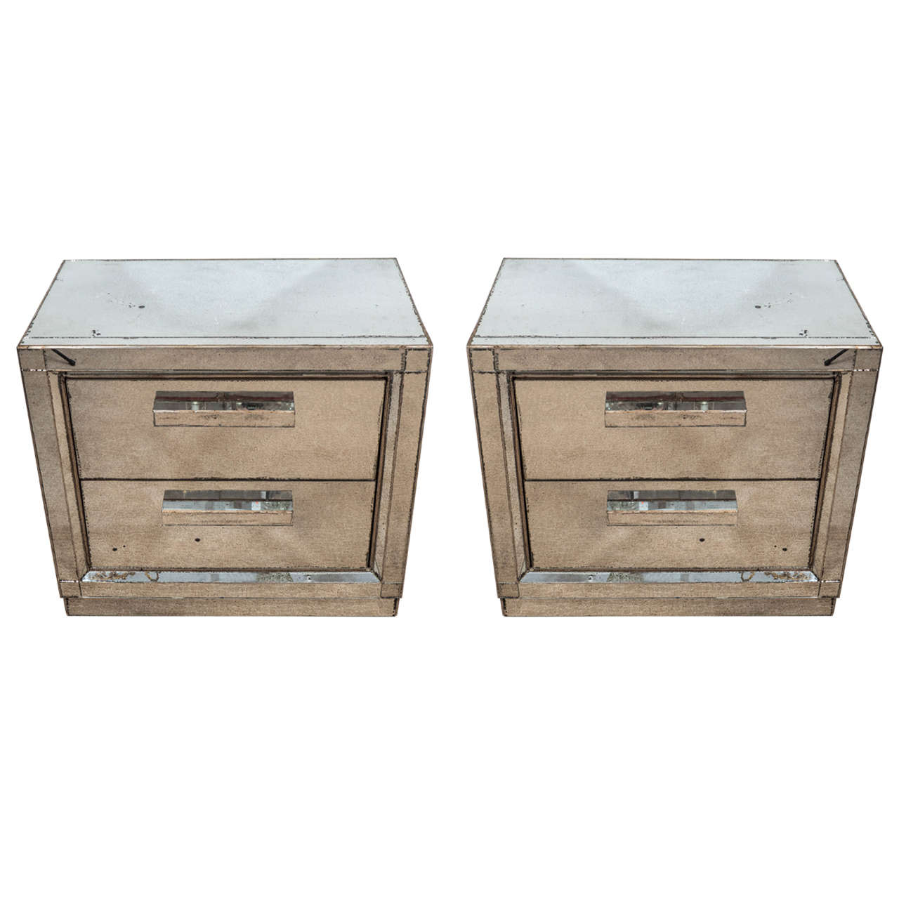 A Midcentury Pair of Antiqued Two-Drawer Mirrored Nightstands
