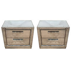 A Midcentury Pair of Antiqued Two-Drawer Mirrored Nightstands