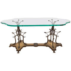 Midcentury Sculptural Gilt Wrought Iron and Wood Coffee Table with Glass Top
