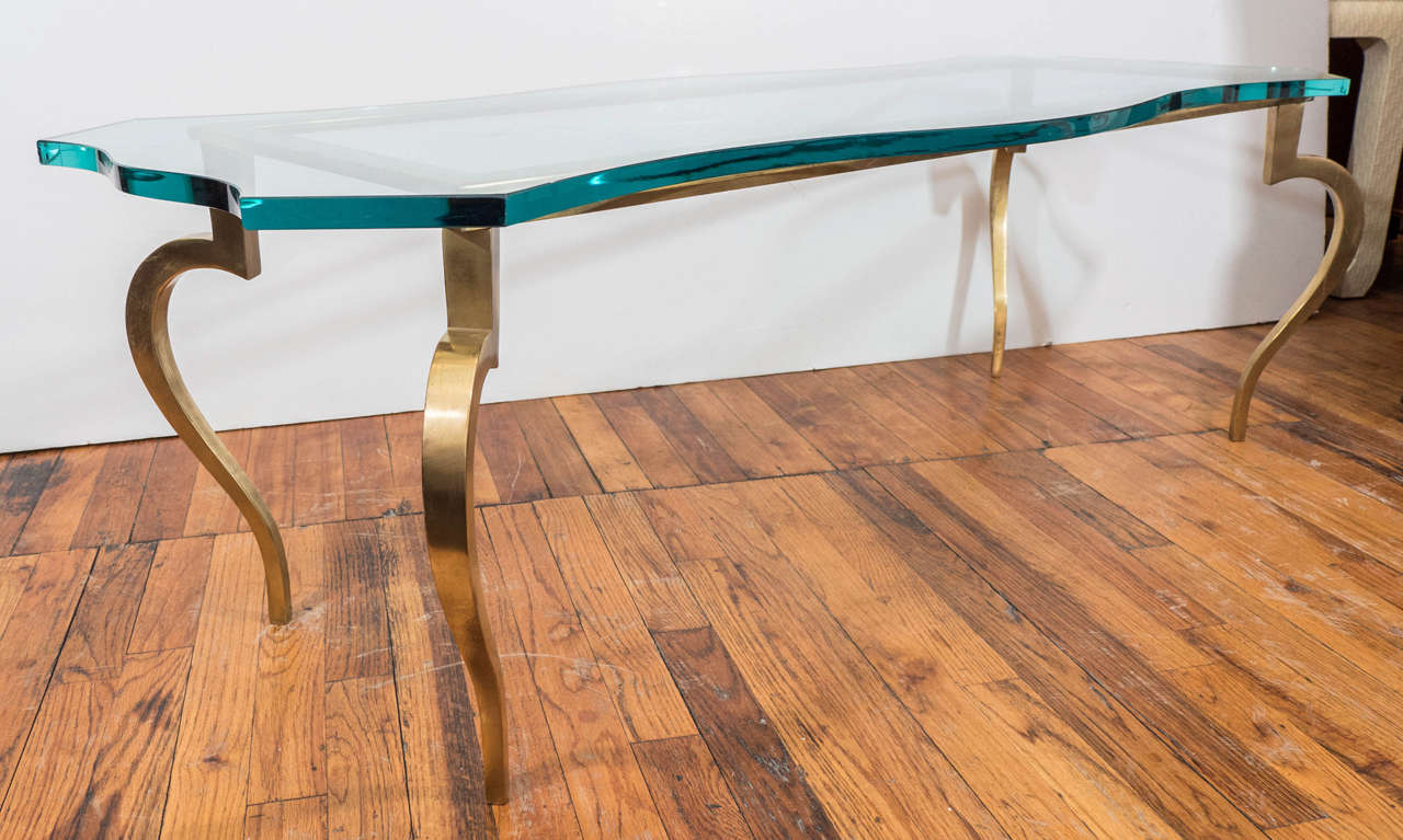 Hollywood Regency Glass Top Coffee and Cocktail Table on Brass Base In Good Condition In New York, NY