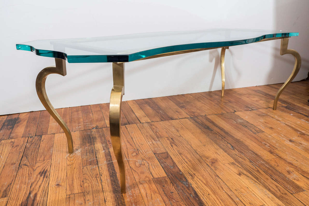 Mid-20th Century Hollywood Regency Glass Top Coffee and Cocktail Table on Brass Base
