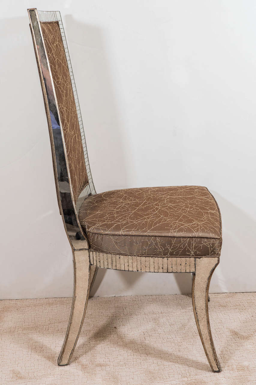 Set of Four Dining Chairs with Mirrored Frames and Silk Upholstery 1