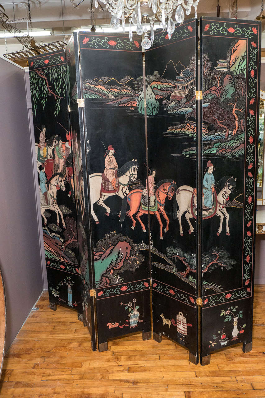 Lacquered Art Deco Mirrored Six-Panel Screen with Chinese Scene on Reverse