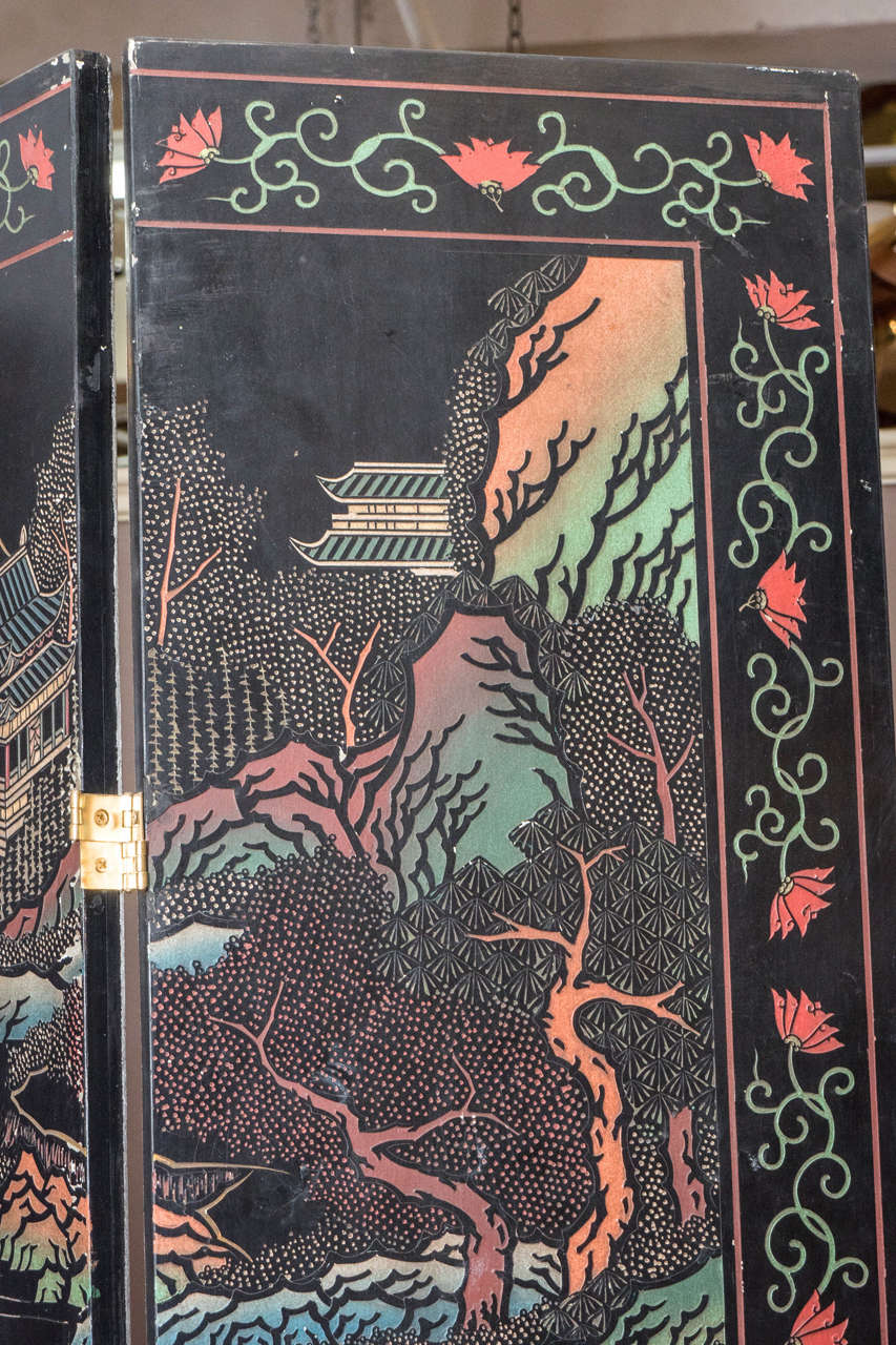 20th Century Art Deco Mirrored Six-Panel Screen with Chinese Scene on Reverse