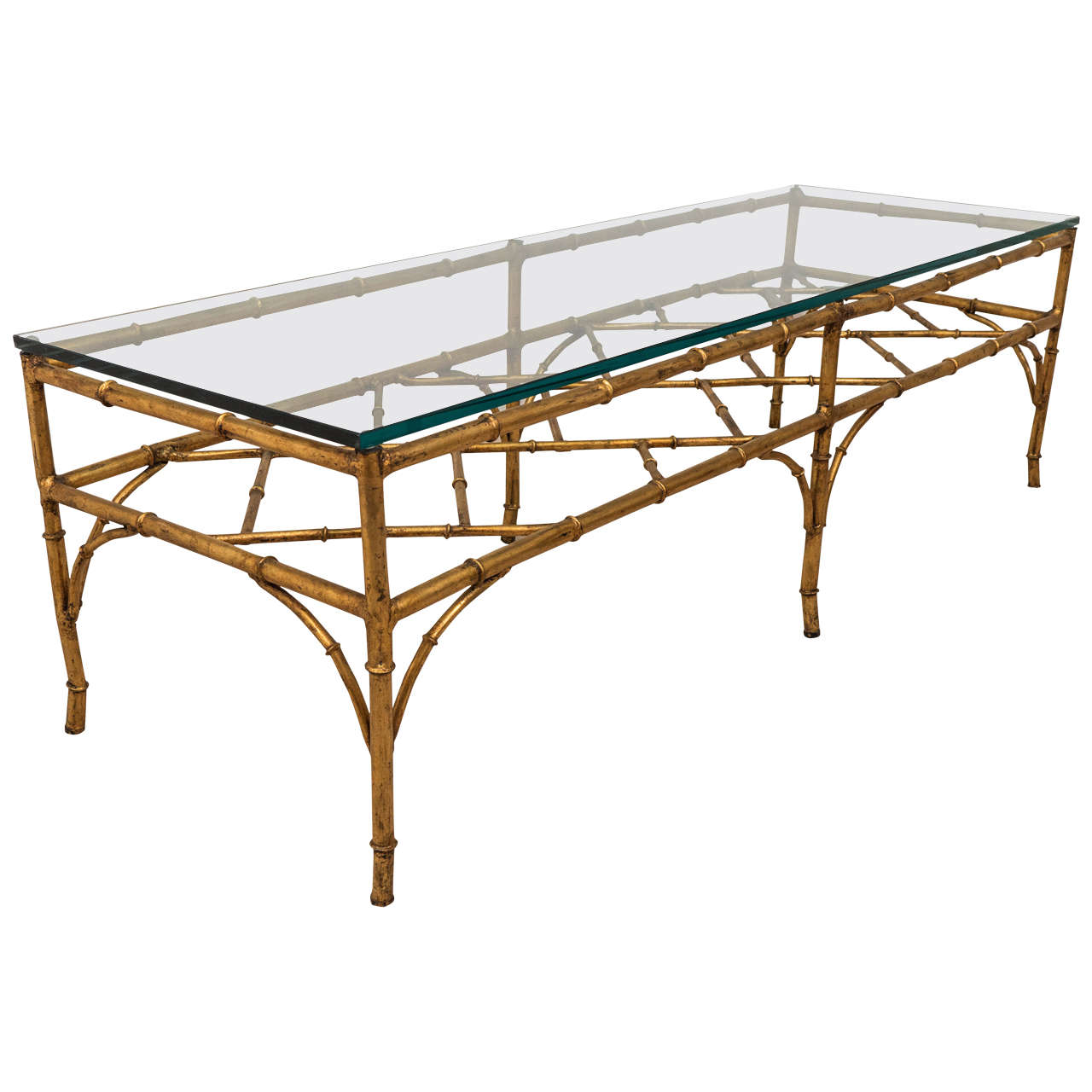 A Midcentury Faux Bamboo Gilded Metal Coffee Table with Bracket Stretcher