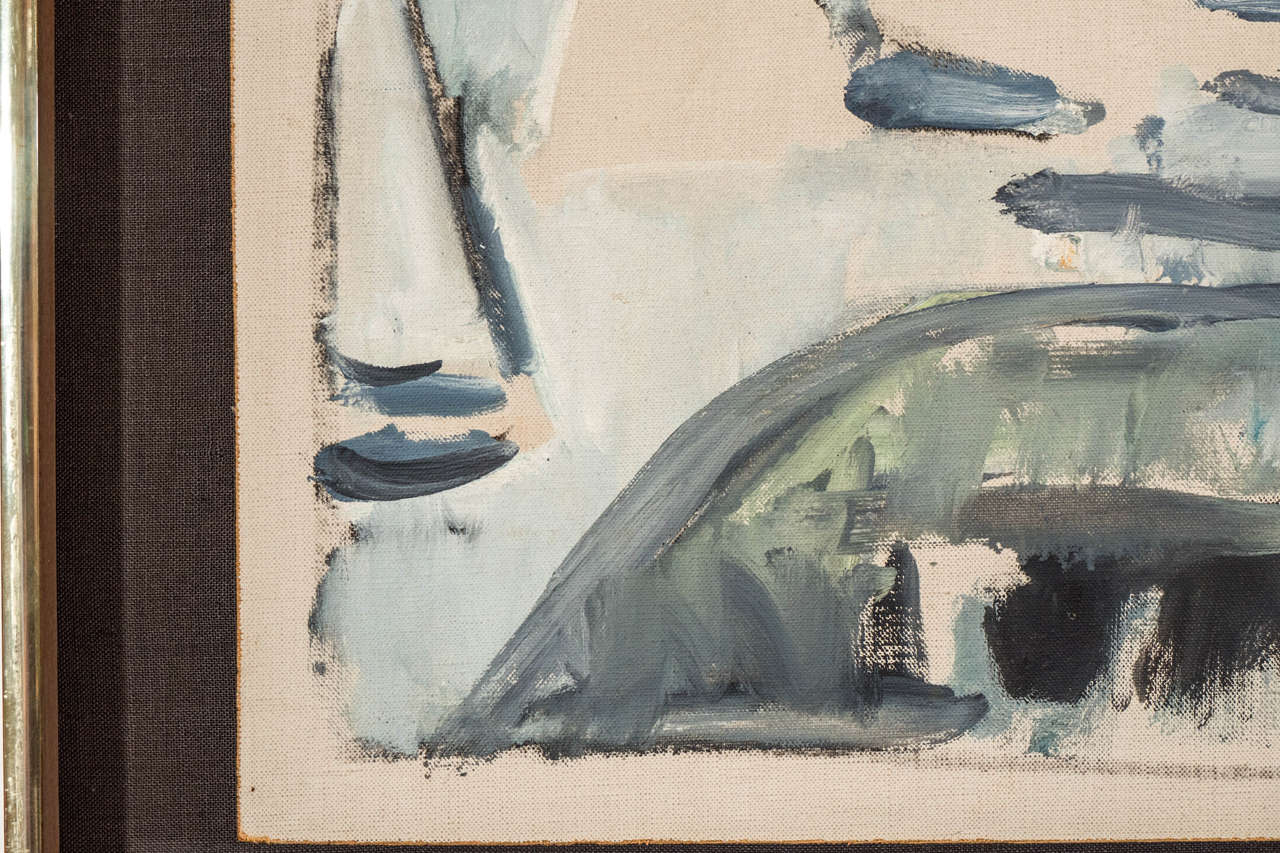 Midcentury Abstract Painting in Shades of Blue and Grey In Good Condition In New York, NY
