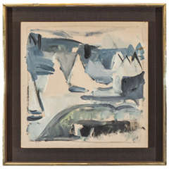 Midcentury Abstract Painting in Shades of Blue and Grey