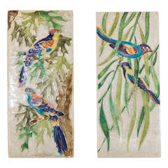 An Italian Pair of Hand-Painted Ceramic Tiles with Perching Birds