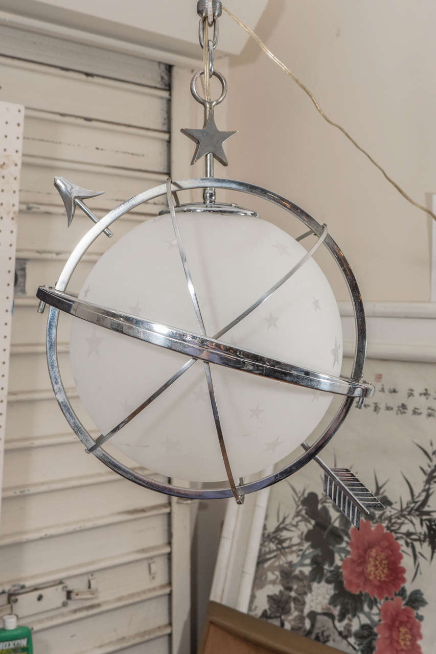 Frosted Art Deco Celestial Globe with Arrow Pendant Light by Lurelle Guild for Chase