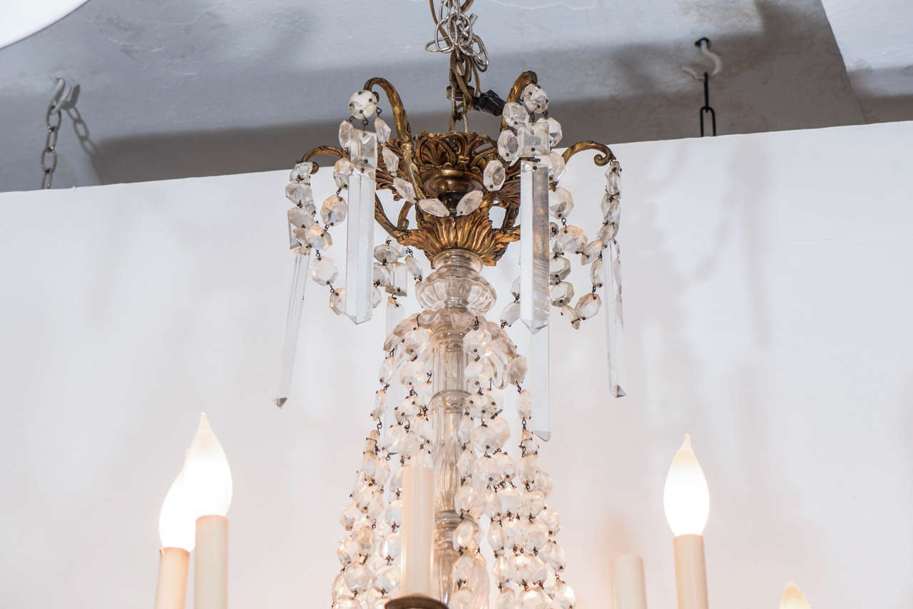 Midcentury Gilt Bronze Twelve-Light Chandelier with Crystal Drops In Good Condition For Sale In New York, NY