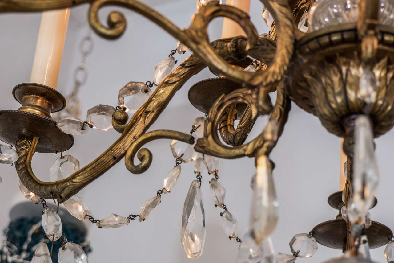 Midcentury Gilt Bronze Twelve-Light Chandelier with Crystal Drops For Sale 2