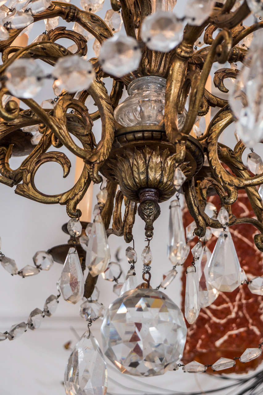 Midcentury Gilt Bronze Twelve-Light Chandelier with Crystal Drops For Sale 3