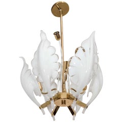 Midcentury Murano Glass and Brass Frame Six Leaf Chandelier