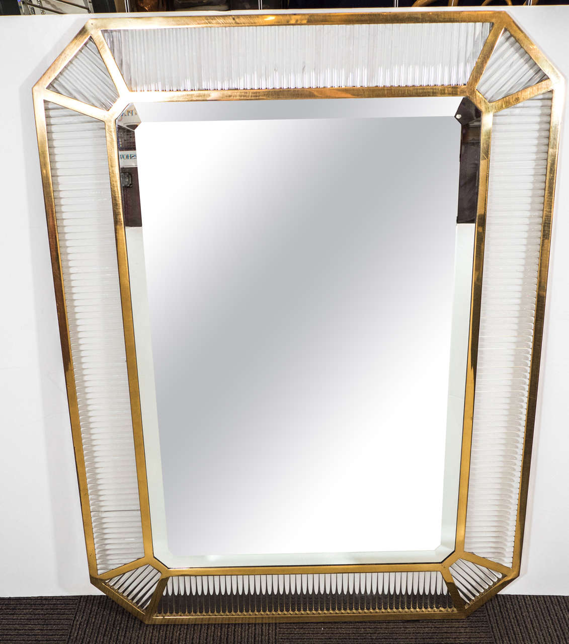 Incredible and Substantial High End Solid Glass Rod Design Beveled Mirror that can be displayed Vertically or Horizontally upon the Wall.Well Constructed with the weight of High Quality.Amazing and Beautiful,it combines The Drama of Art Deco and