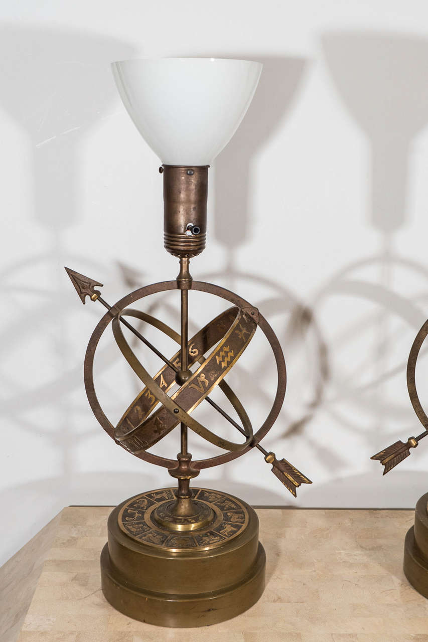 Incredible Midcentury Pair of Bronze Astrological Armillary Table Lamps For Sale 1