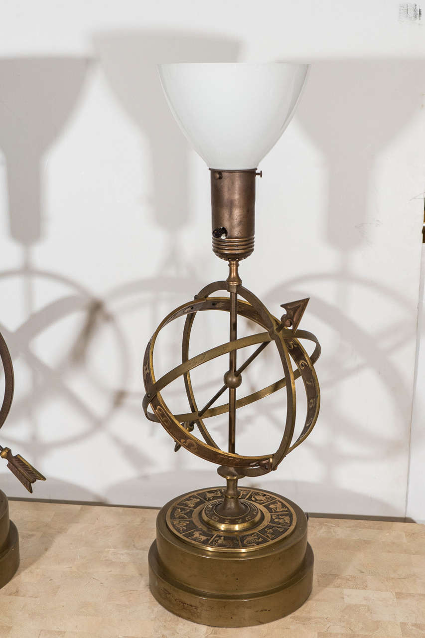Incredible Midcentury Pair of Bronze Astrological Armillary Table Lamps For Sale 2