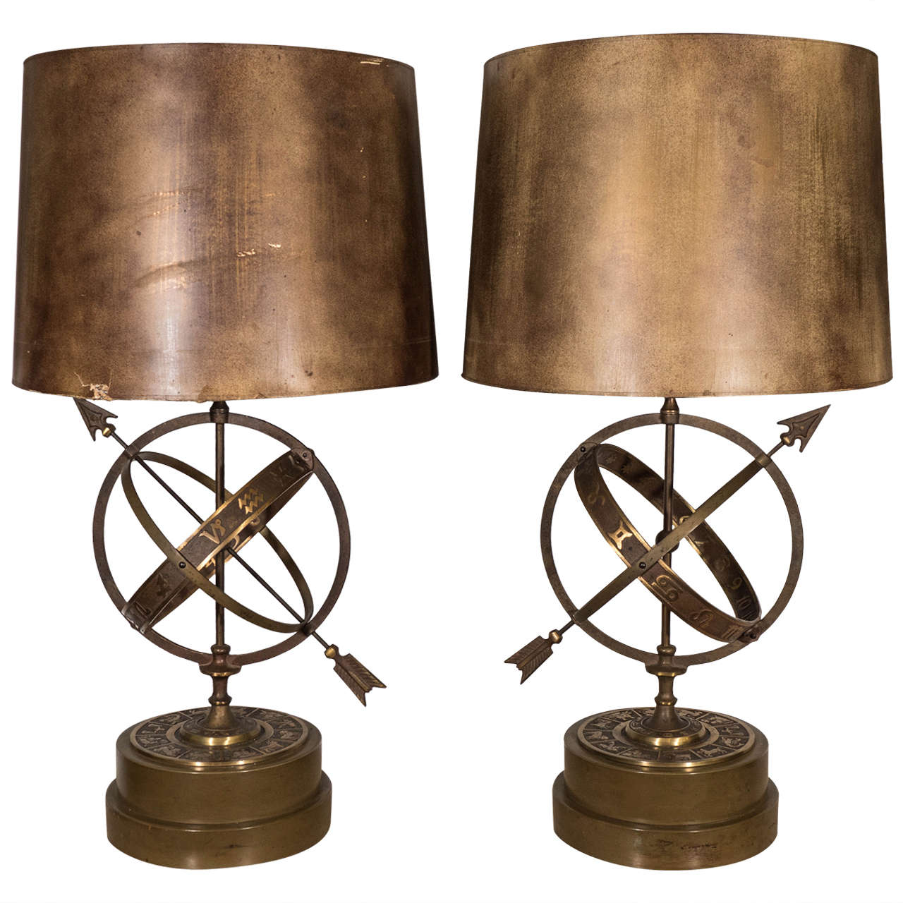 Incredible Midcentury Pair of Bronze Astrological Armillary Table Lamps For Sale