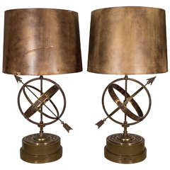 Vintage Incredible Midcentury Pair of Bronze Astrological Armillary Table Lamps