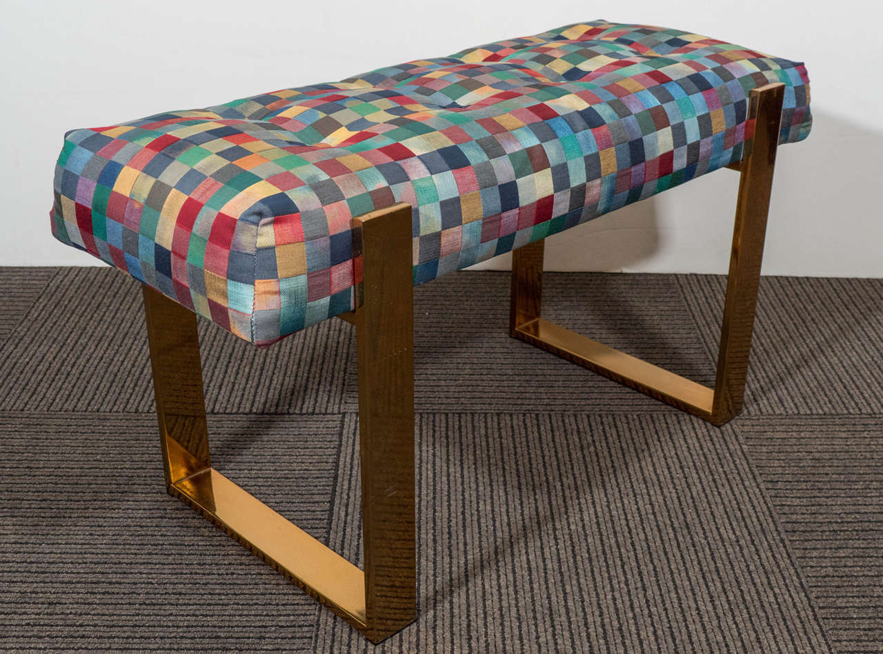  Wonderful Milo Baughman Style Colorful Geometric Tufted Fabric Bench on Modernistic Copper Square Flat Band Base .With a Hidden Safe that you could house your valuables in.