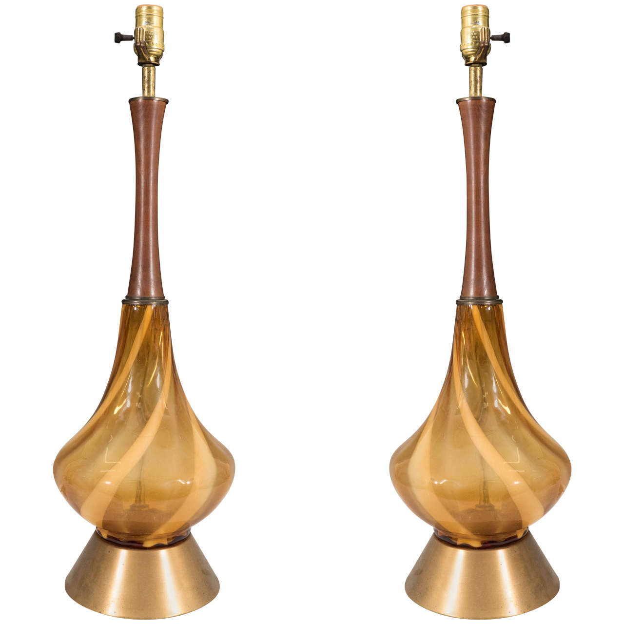 Pair of Italian Teak Wood and Yellow Striped Glass Table Lamps at 1stdibs