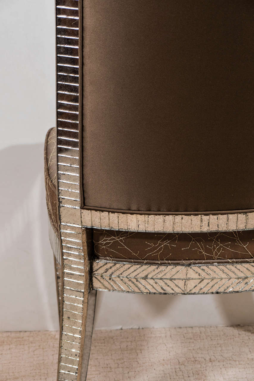 Set of Four Dining Chairs with Mirrored Frames and Silk Upholstery at