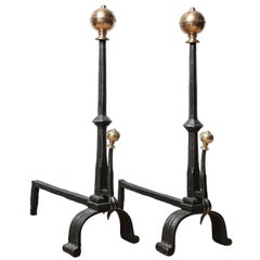 Antique Pair of Bronze and Wrought Iron Andirons