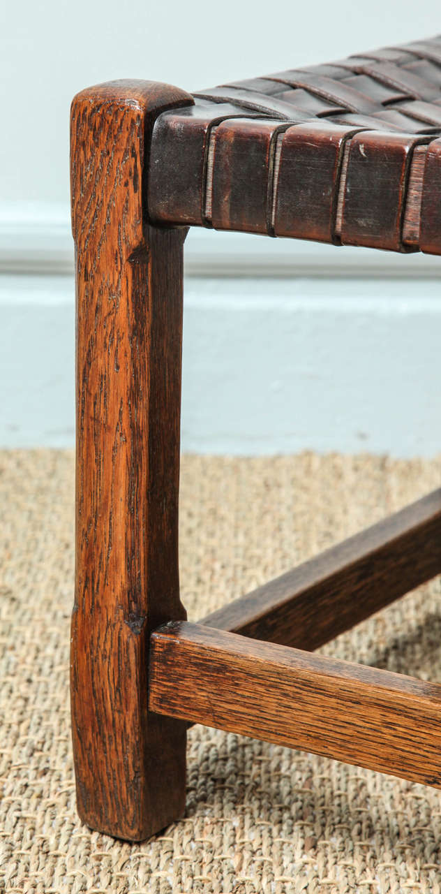 English Arts and Crafts Oak and Leather Stool 3