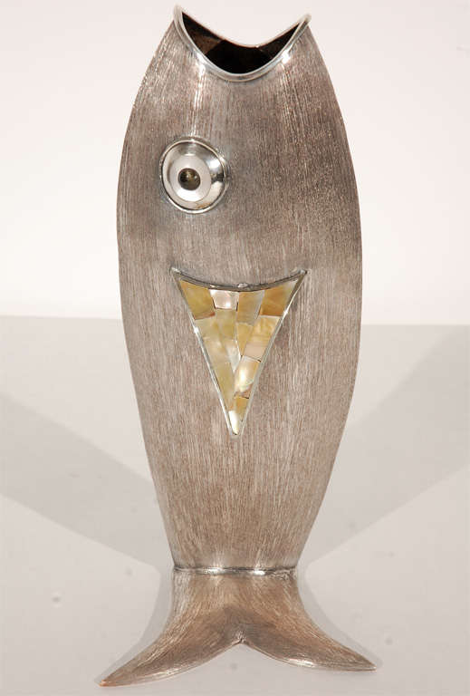 Mid-20th Century Silver Plate Fish Form Vase by Los Castillo