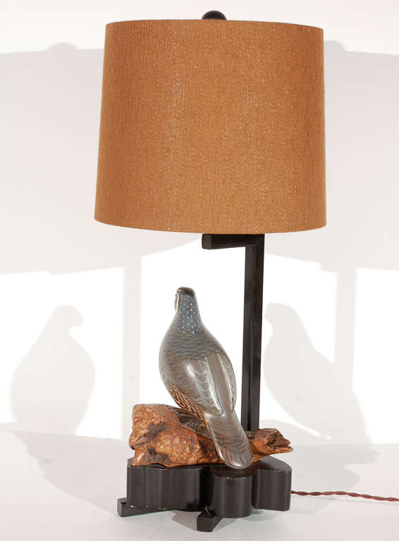 American Carved Wood Quail Lamp by William Haines