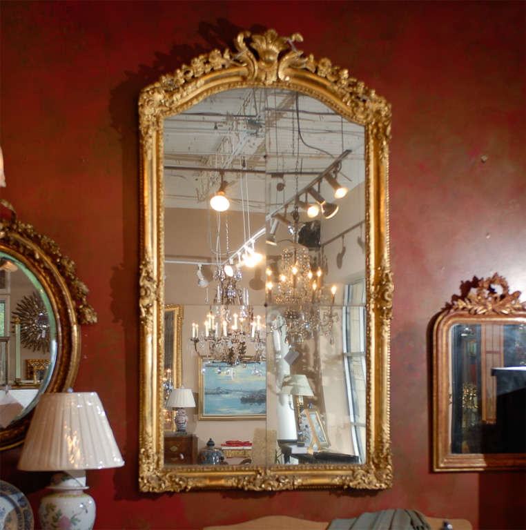 Louis XV Period water gilded and hand carved mirror with divided glass plates; floral cascades on either side of modified shell motif at the top. Mirror has beautiful crystallization at bottom in style of verse palace mirrors.