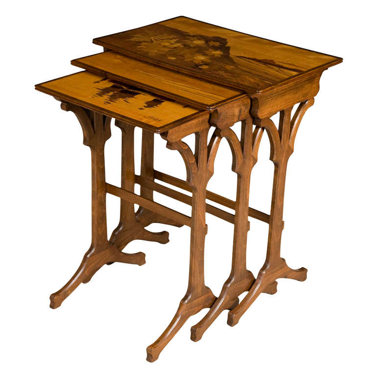 Emile Galle nest of three marquetry occasional tables, France circa 1900