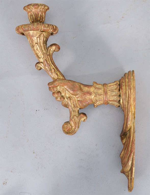 Italian Pair of Palladio Carved Giltwood Hands Holding Torches