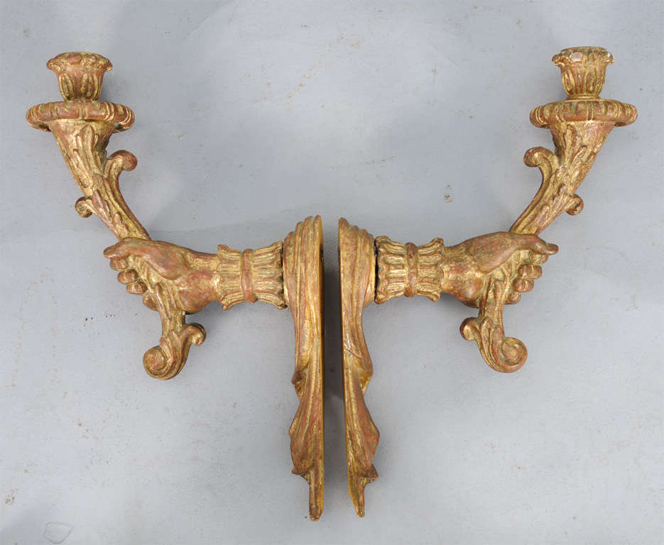 Mid-20th Century Pair of Palladio Carved Giltwood Hands Holding Torches
