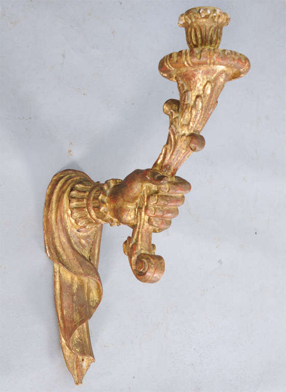 Wood Pair of Palladio Carved Giltwood Hands Holding Torches