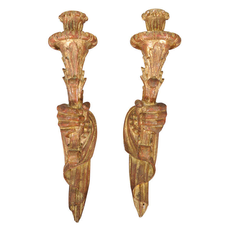 Pair of Palladio Carved Giltwood Hands Holding Torches