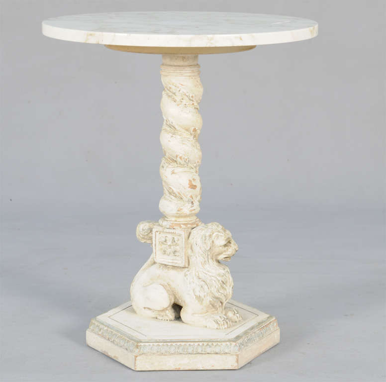 Figural Lion Pedestal Accent Table with Marble Top