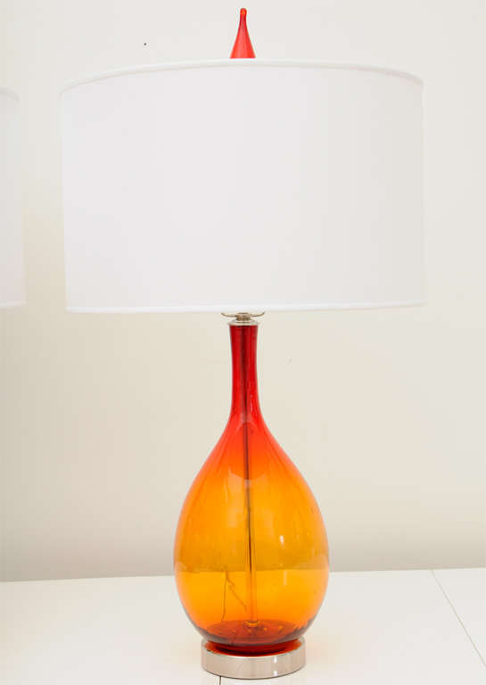 American Rare Pair of Blenko Glass Lamps with Original Matching Finials
