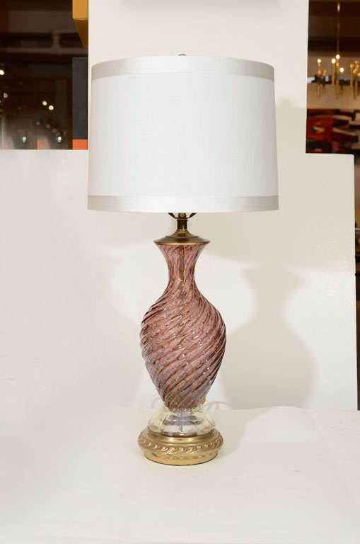 Exceptional pair of swirled Amethyst glass with 22kt gold fleck inclusion lamps on satin brass bases. Rewired for use in the USA