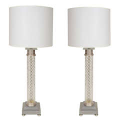Pair of French 1950's Crystal Column Lamps
