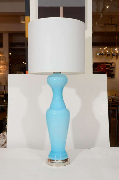 Fantastic pair of sky blue Murano glass lamps on polished nickel bases.