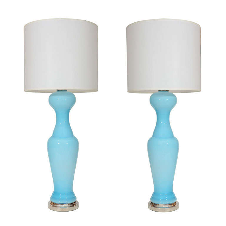 Pair of Sky Blue Murano Glass Lamps