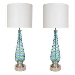 Pair of Murano Blue 
Green Pulled Glass Lamps