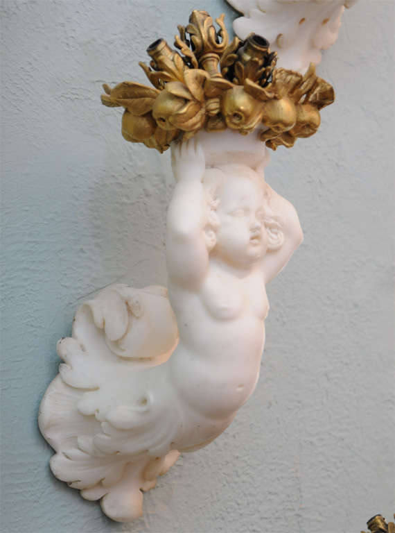 Set of Six Extremely Rare Marble Cherub Sconces, E. F. Caldwell In Excellent Condition For Sale In Palm Beach, FL
