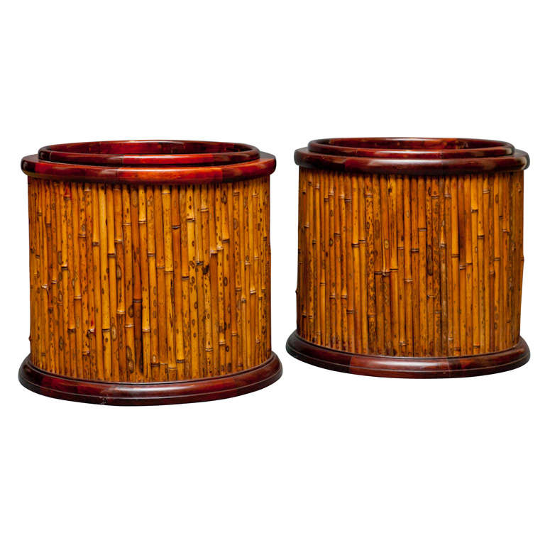 Pair of Japanese Rosewood and Bamboo Round Hibachi For Sale