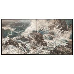 Japanese Screen of Crashing Waves in Craggy Seascape.