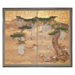 Japanese Two Panel Screen: Wisteria and Pine
