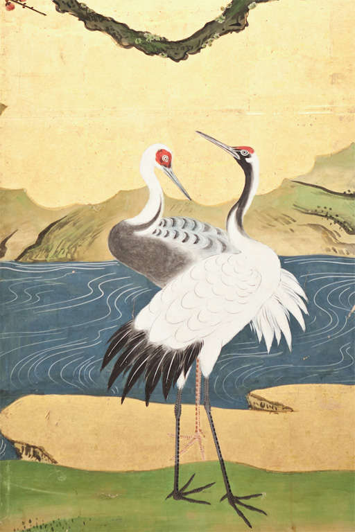 Cranes in a Water Landscape with Young Pine, Peony, Iris, and Cherry Tree.  Japanese Kano School painting, c. 1850.  Six panels measure 53 1/2” high x 110” wide.  (S1352) 25000